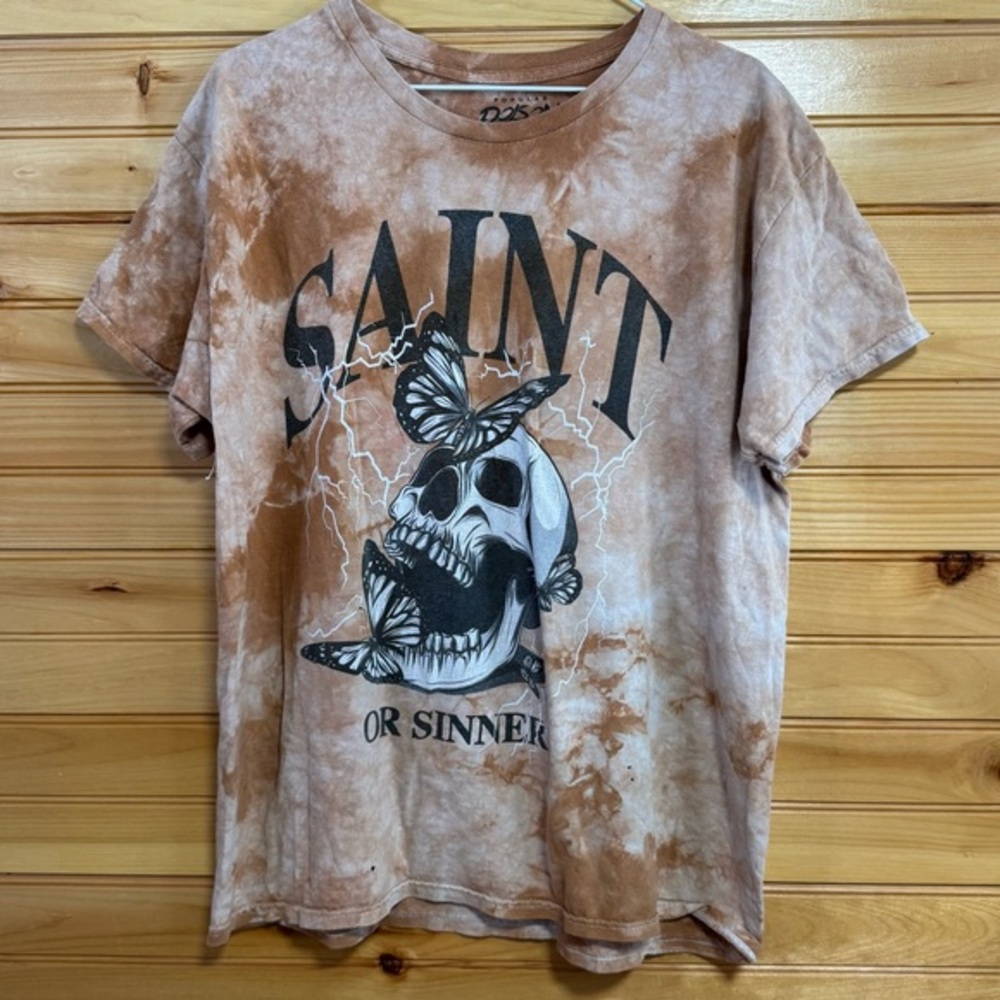 Popular Poison Saint or Sinner Brown Tie Dye Skull and Butterfly Tee Large